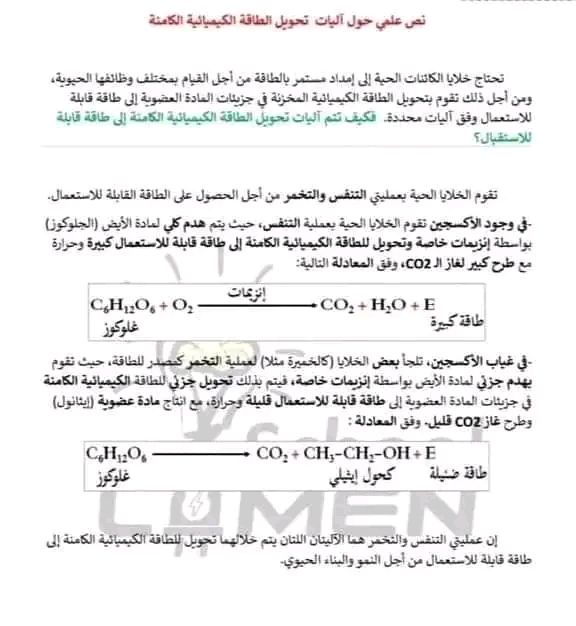 نص علمي حول آليات تحويل الطاقة الكيميائية الكامنة إلى طاقة قابلة للاستعمال أولى ثانوي