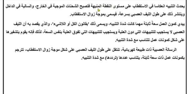 نص علمي حول آلية انتقال السيالة العصبية على مستوى الليف العصبي أولى ثانوي