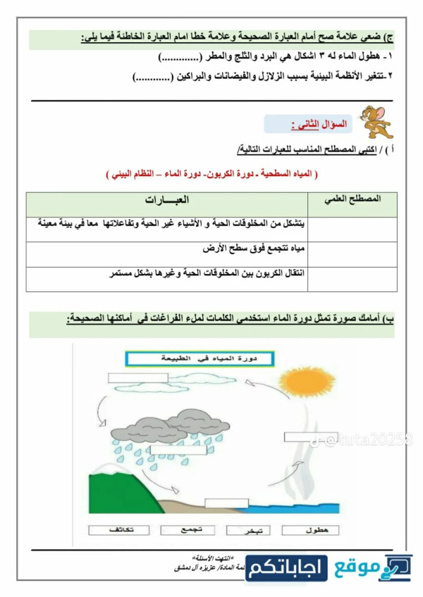 نموذج الإجابة اختبار علوم خامس ابتدائي الفصل الدراسي الأول 1447 مع الحل