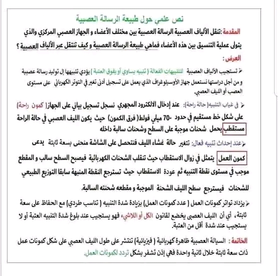 نص علمي حول طبيعية الرسالة العصبية