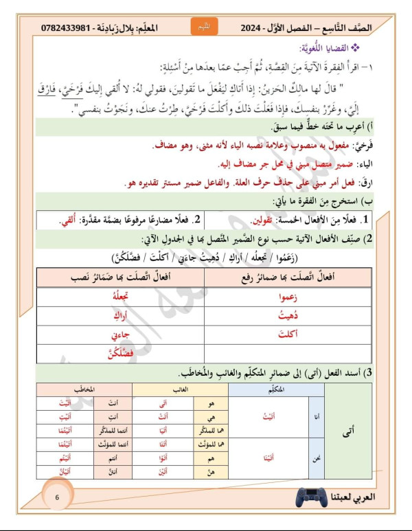 حل اسئلة درس الحمامة والثّعلب ومالك الحزين للصف التاسع منهاجي لغة عربية