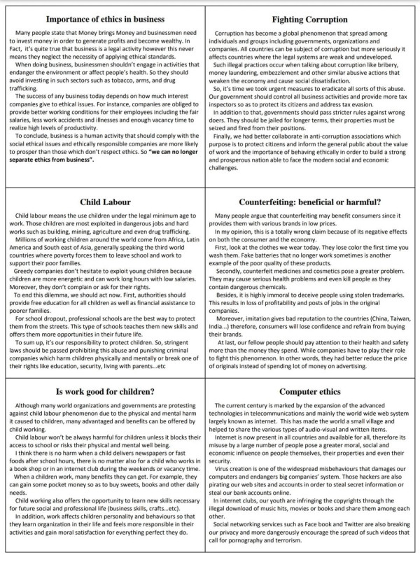 وضعيات ادماجية حول وحدة الأخلاق في الأعمال بالانجليزية تعابير وحدة Ethics in Business للعلميين وبقية الفروع.