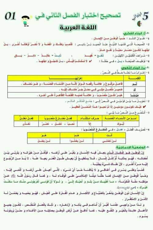 نموذج اختبار امتحان في مادة اللغة العربية الفصل الثاني للسنة الخامسة ابتدائي مع الحل
